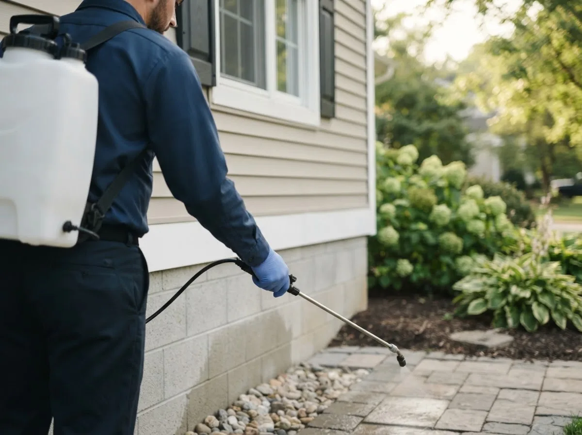 Pest control technician inspecting a home in Indiana